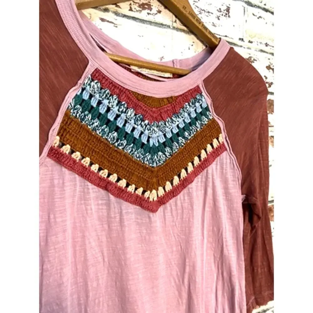 Free People Spring Bound Mauve Crochet Raglan Cotton & Linen Blouse
